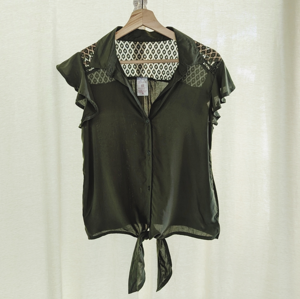 Army Olive Green Button And Tie Blouse With Lace And Ruffle Sleeves